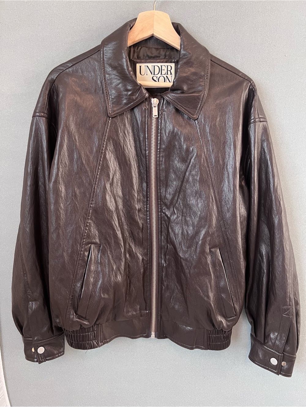 Korean Brand Underson Women Oversized Flaux Leather Brown Leather Zip Jacket